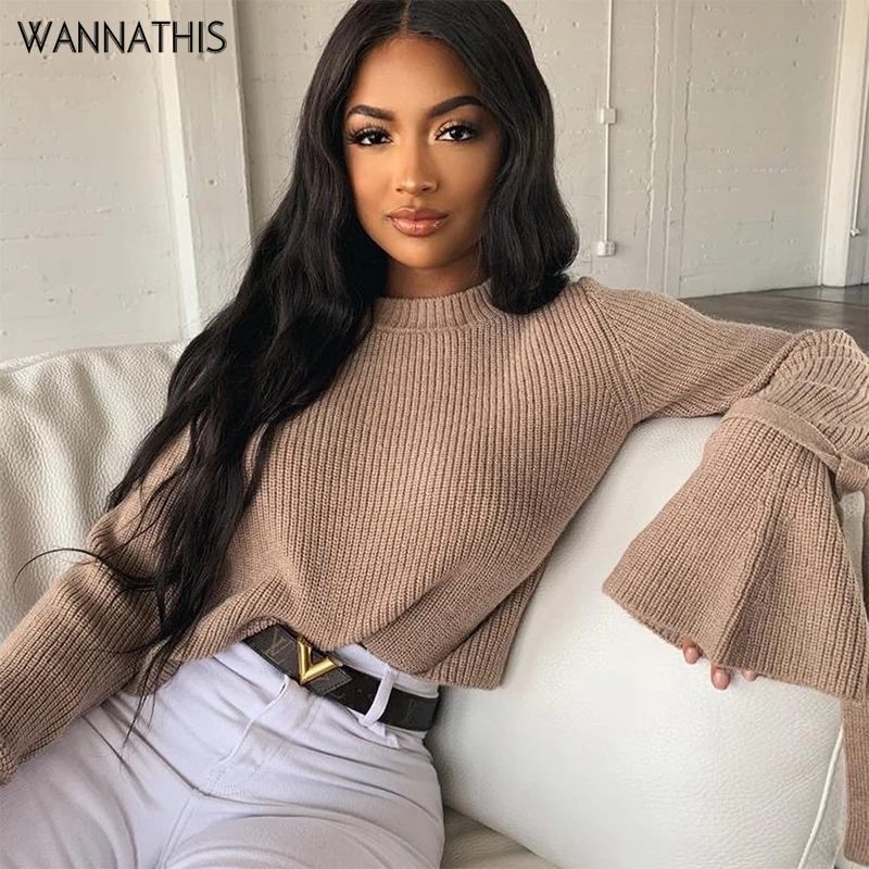 WannaThis O-neck Flare Sleeve Sweater Women Long Lace Up Bandage Autumn Winter Tops Slim Casual Streetwear Female | Женская одежда