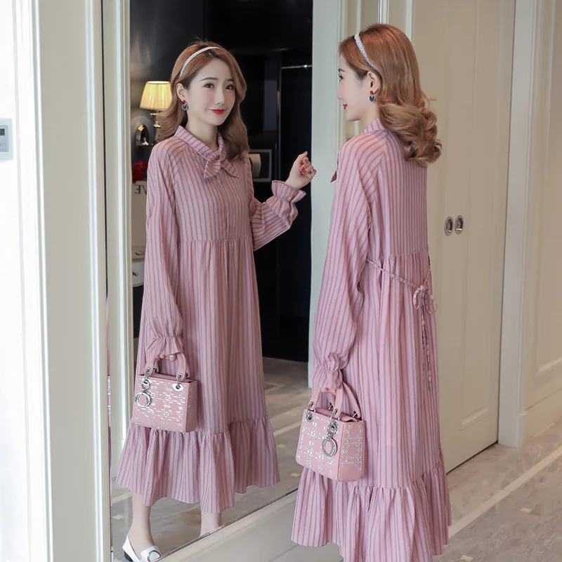 

2018 Autumn New Style Stripes Printed Pregnant Women Dress Long Sleeve Nursing Maternity Dress