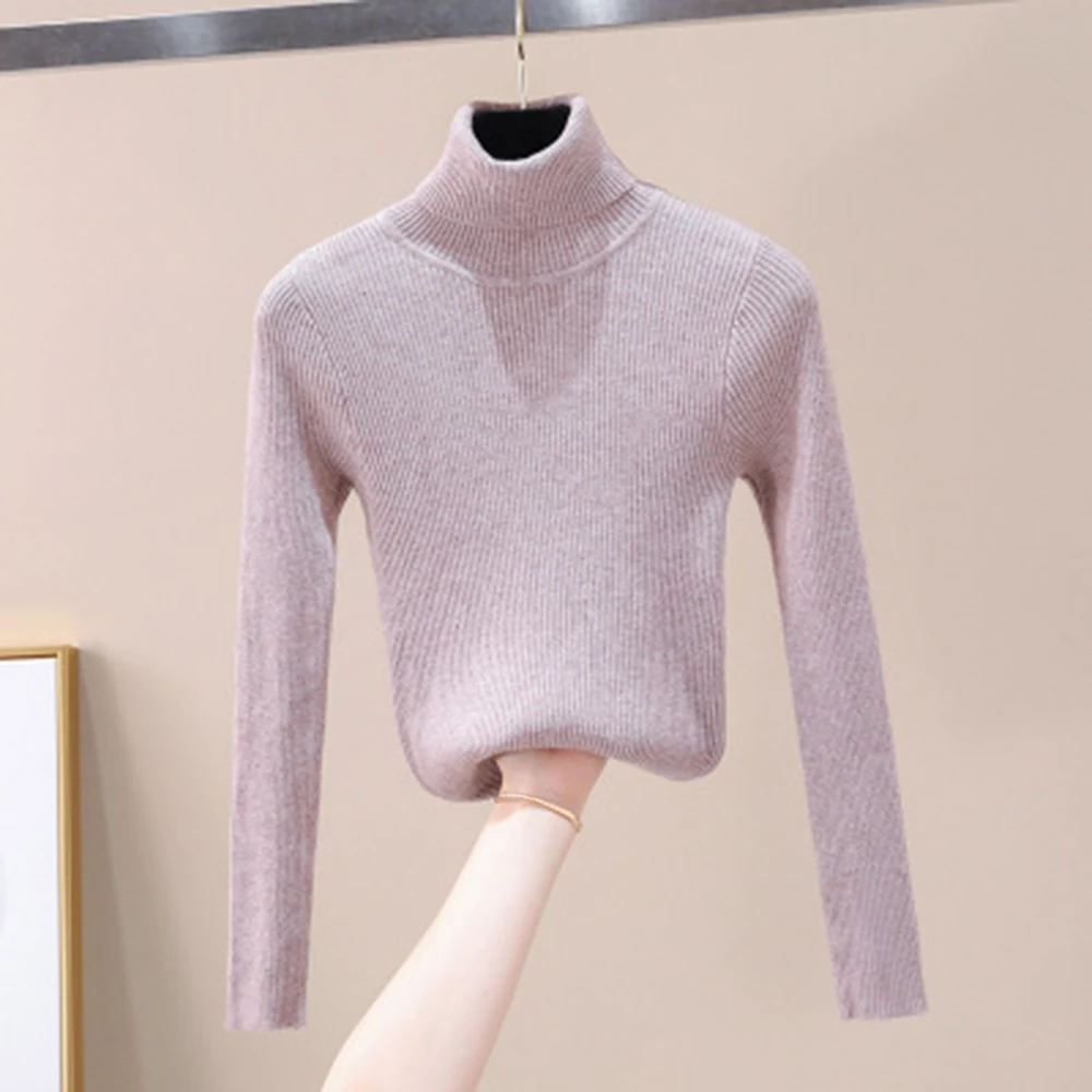 Осень-зима, Женский вязаный свитер с высоким воротом, мягкий джемпер с воротником поло, модный тонкий женский эластичный пуловер