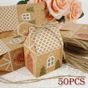 

50Pcs Christmas Party Gift Boxes Kraft Paper House Shape Bag Birthday Christmas Present Boxes 2021 New Year Party DIY Xmas Decor