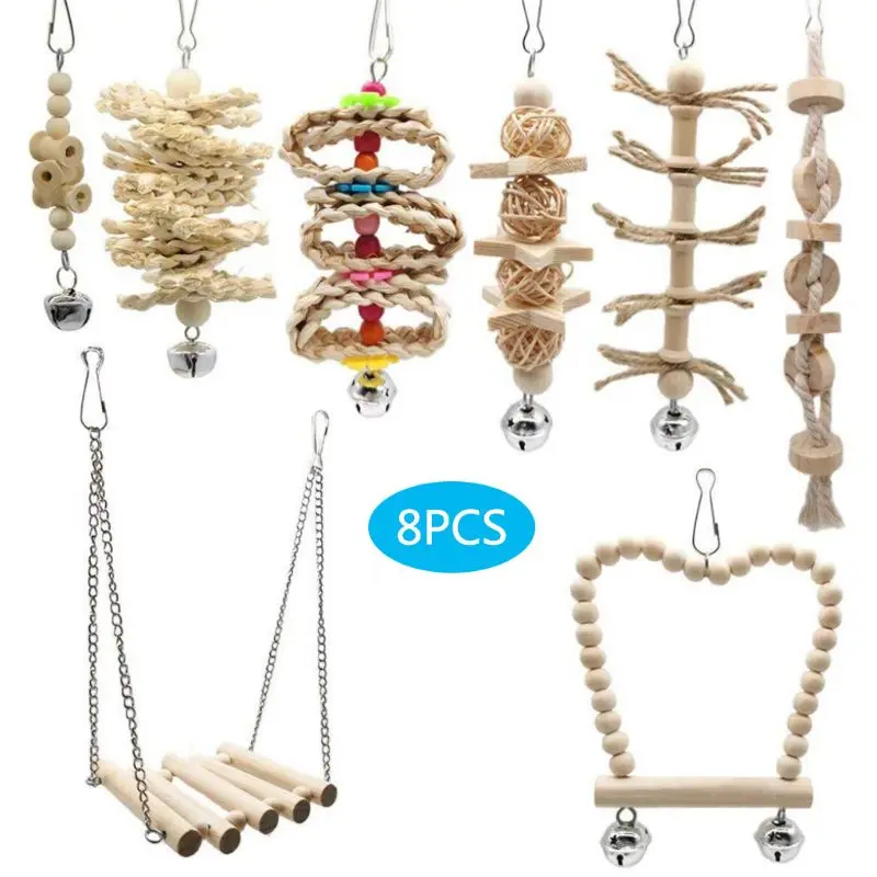 8 Pcs/set Bird Parrot Swing Chew Toys Natural Wood Hanging Bell Birds Cage Toy for Small Parakeets Cockatiels Bird Supplies