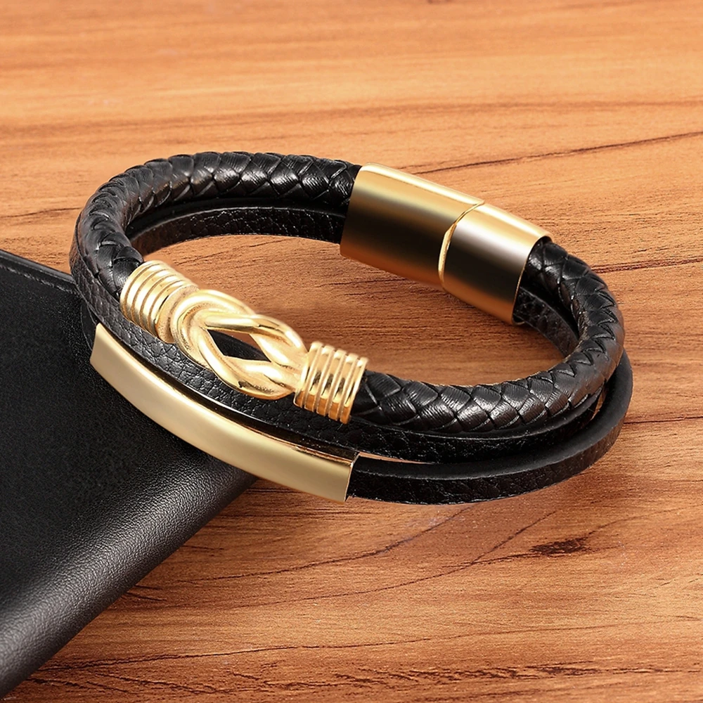 Men Bracelet Genuine Leather Braided Rope Gold Silver Color Trendy Charm Stainless Steel Wholesale Accessories Bangles Jewelry