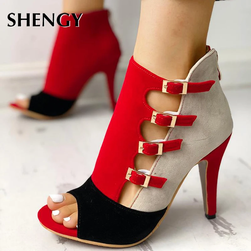 Women Spring High Heels Office Zipper 10cm Hollow Out High Sandals Poop Toe Buckle Strap Fashion Party Wedding Shoes