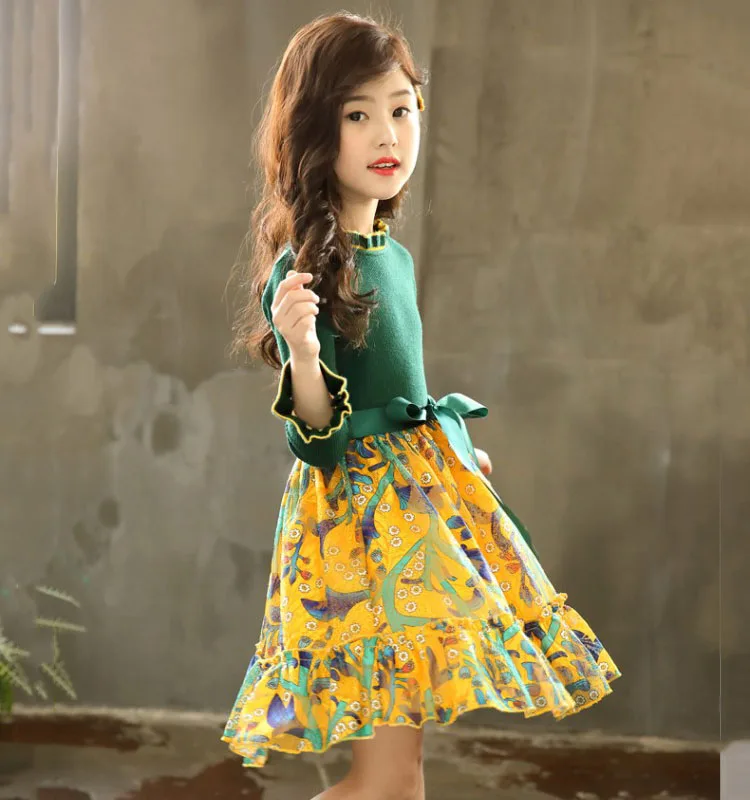 New Spring Princess Baby Girls dresses kids Long Sleeve Dresswith Leaves+Sweater 2Pcs Infants Girls Clothing Sets 3-13Y - Цвет: Green
