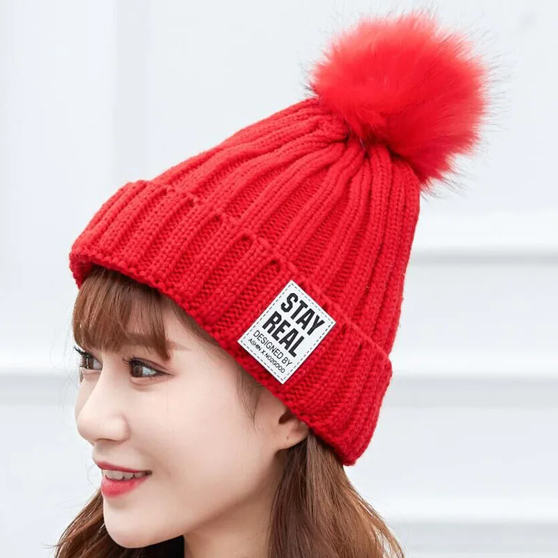 SUOGRY зимняя вязаная шапка женская меховая шапка с помпоном skullies Beanies cap s lmitation шапочка с помпоном шапки для женщин Женский головной убор из плотной ткани