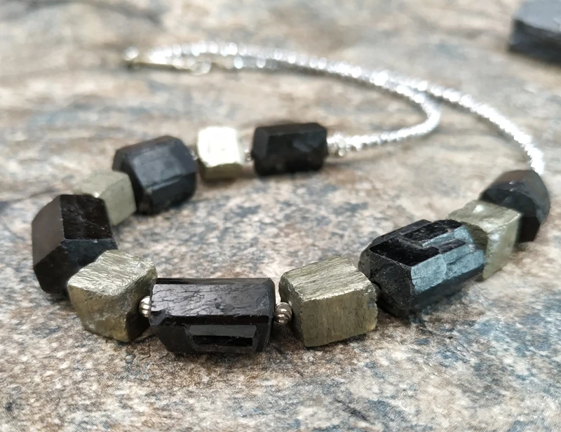 silver color hematite Натуральный черный турмалин пирита гематит колье с бусинами Ручной работы 18-20 дюймов длинные M0128 - Окраска металла: silver color hematite