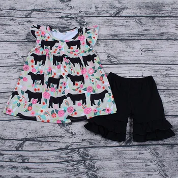 

Summer 2Pcs Moo Cow Kids clothes set flutter sleeve top and ruffle shorts summer baby girl boutique outfit children outfit set