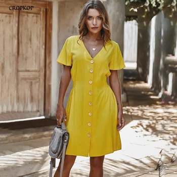 

Summer Dress Women Mini Short Casual Ladies Button Yellow Fitted Everyday Sundress Leisure 2020 Fashion Summer Clothes For Women