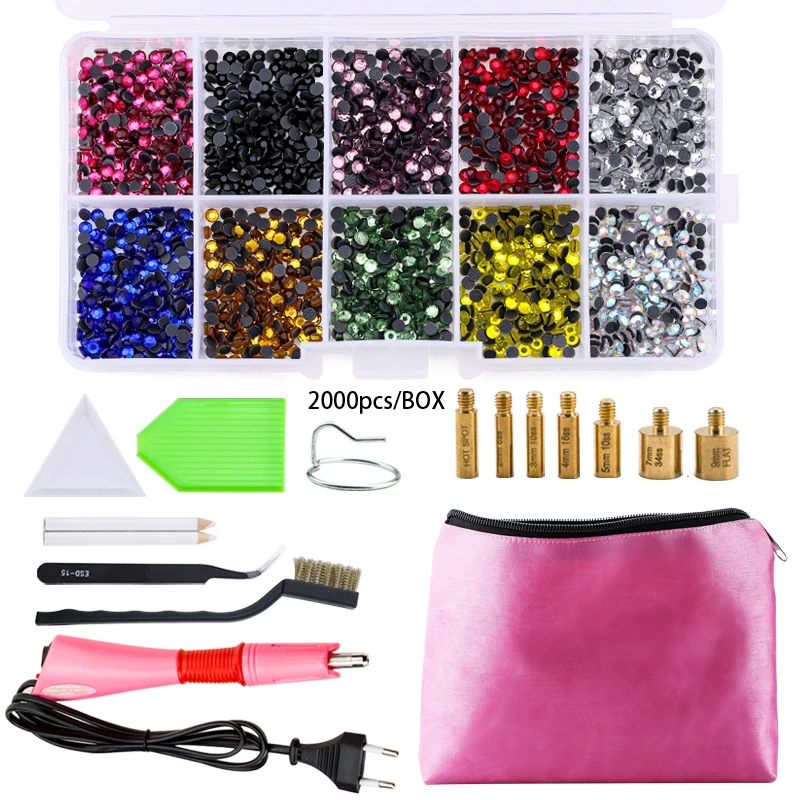 Hot Sale New Set Hot Fix Rhinestones EU or US PLUG Hotfix Applicator&7 Tips Crystal Glass Rhinestone Iron-on Wand Strass Cords  Fabric & Sewing Supplies