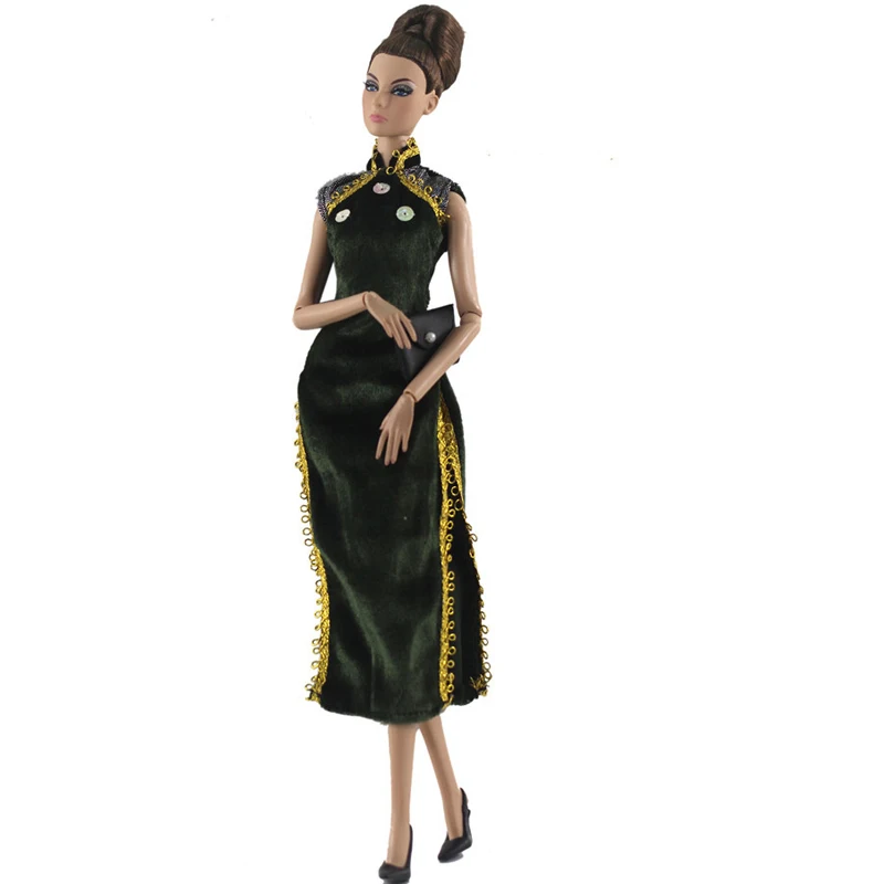 Темно-зеленый китайский Ципао Cheongsam платье для куклы Барби одежда сумка вечерние платья для кукол Барби наряды Куклы Аксессуары