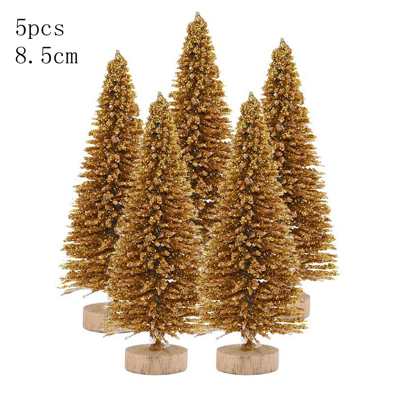 8.5cm 5pcs gold Маленькая декорированная Рождественская елка 6,5 см до 16 см, искусственная сосна, Мини искусственная Рождественская елка, Санта, снег, украшение для дома - Цвет: 8.5cm 5pcs gold