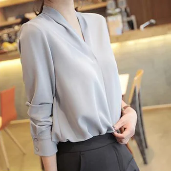 

Women Chiffon Shirts Elegant Sweet Office Lady Korean Style Blouses 2020 Spring Long Sleeve V Neck Loose Designer Causal Tops