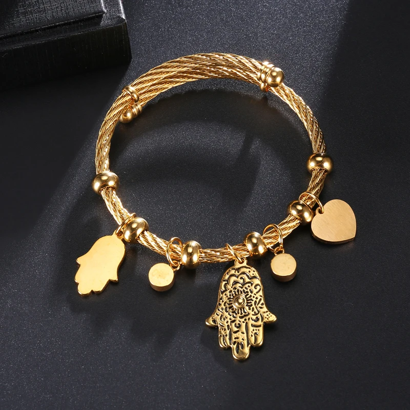 Turkish Lucky Fatima Hand Evil Eye Heart Adjustable Bracelets For Women High Quality Stainless Steel Jewelry 3