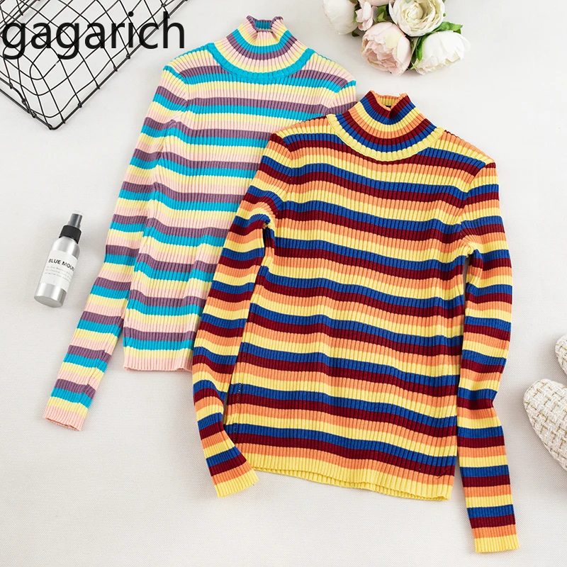 

Gagarich Women Sweater 2019 Rainbow Color Stripe Autumn Half-high Collar Long Sleeve Slim Bottom Knitted Sweet Pullovers