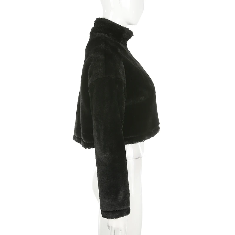 HEYounGIRL повседневное черное пальто из искусственного меха пушистая короткая плюшевая куртка модное меховое пальто с длинными рукавами на Молнии Теплое осенне-зимнее