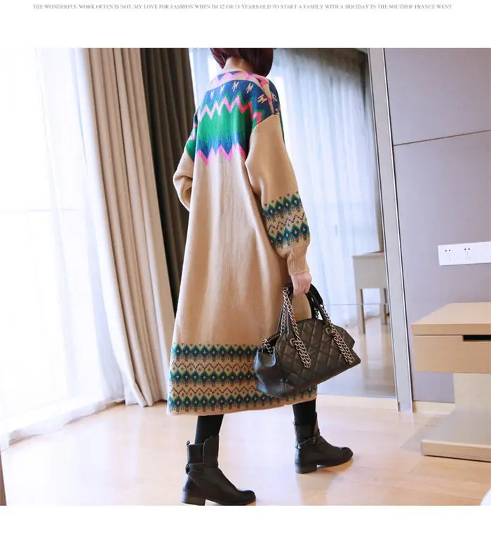 Длинное женское пальто-свитер в этническом стиле; коллекция года; сезон осень-зима; модный вязаный кардиган контрастных цветов свободного кроя в Корейском стиле; f1582
