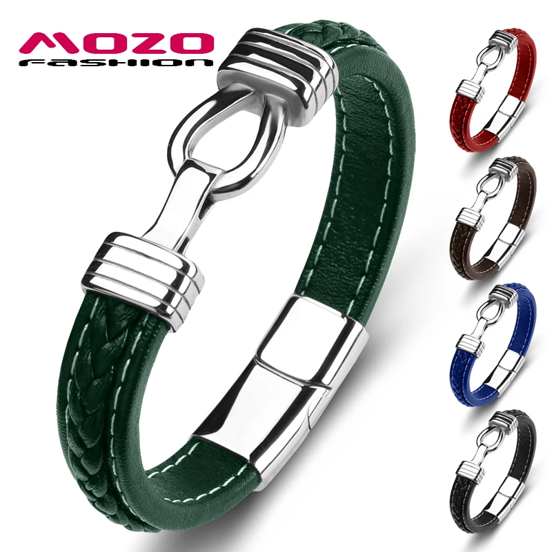 Retro New Arrival Genuine Leather Stainless Steel Bangle Women High Quality Fashion Jewelry Men's Bracelet Green