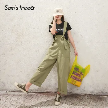 

SAM'S TREE Green Solid High Waist Straight Casual Overall Pants Women 2020 Summer Black Pure Korean Ladies Basic Daily Jumpsuits