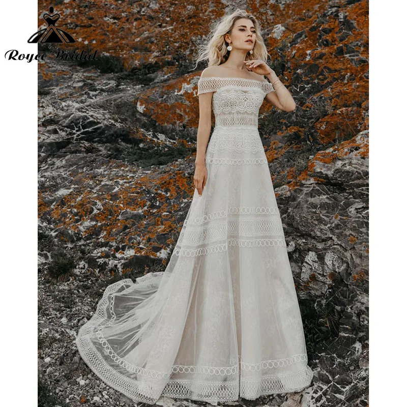 

Шикарное пляжное свадебное платье Roycebridal с а-силуэтом, кружевное свадебное платье с открытыми плечами и вырезом лодочкой, элегантное женское платье, 2022