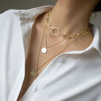 

Vintage Round Portrait Coin Pendant Necklace Gold Color Choker Necklace Female Multi Layer Collar Statement Charm Punk Gold Gift