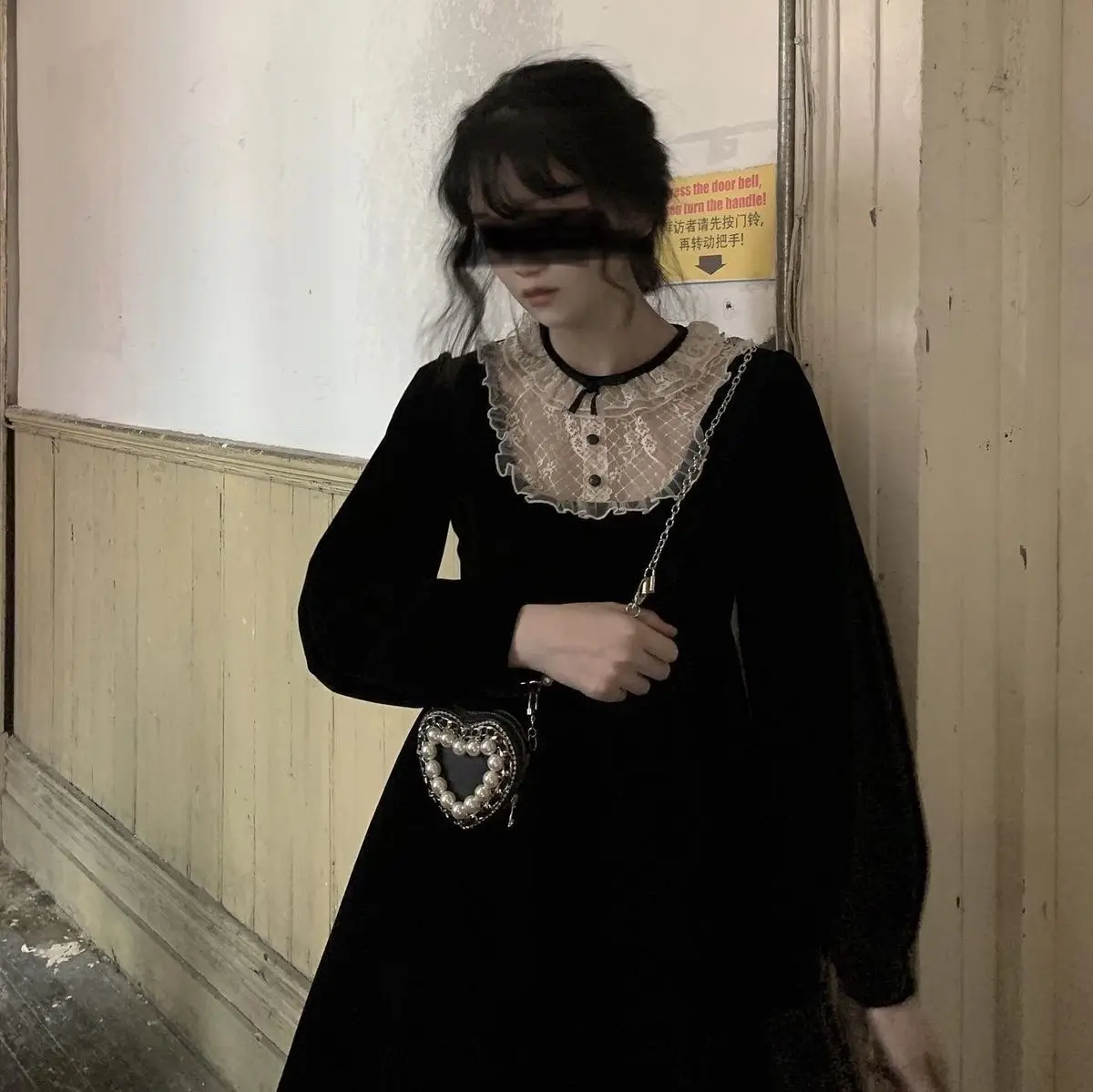 HOUZHOU Black Kawaii Mini Dress Gothic Lace Patchwork Elegant Vintage Dresses Women Long Sleeve 2022 Spring Fashion Female Robe long dress