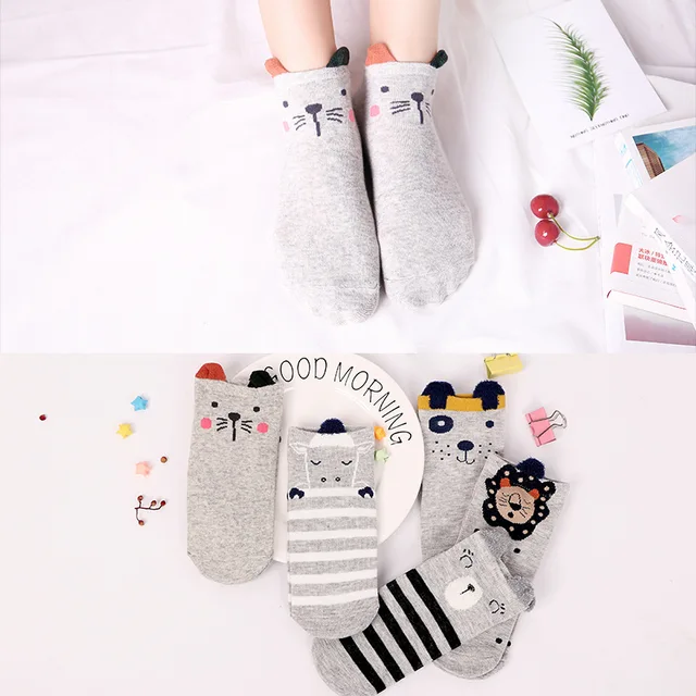 5 Pairs Lot Cotton Women Socks Female Casual Boat 3D Pack Cartoon ...