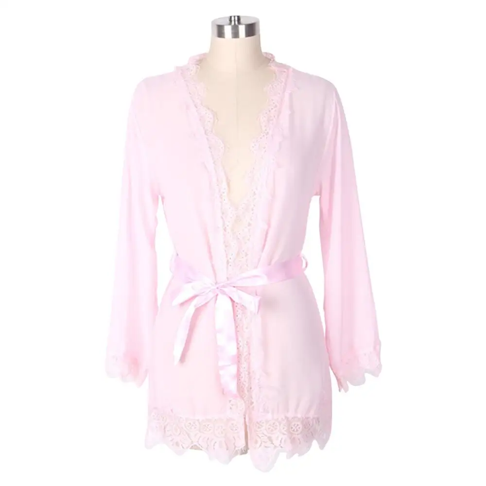 Женское белье Babydoll, ночное белье, ночное белье, кружевная сетчатая ночная рубашка+ пояс+ стринги размера плюс 3XL - Цвет: Розовый