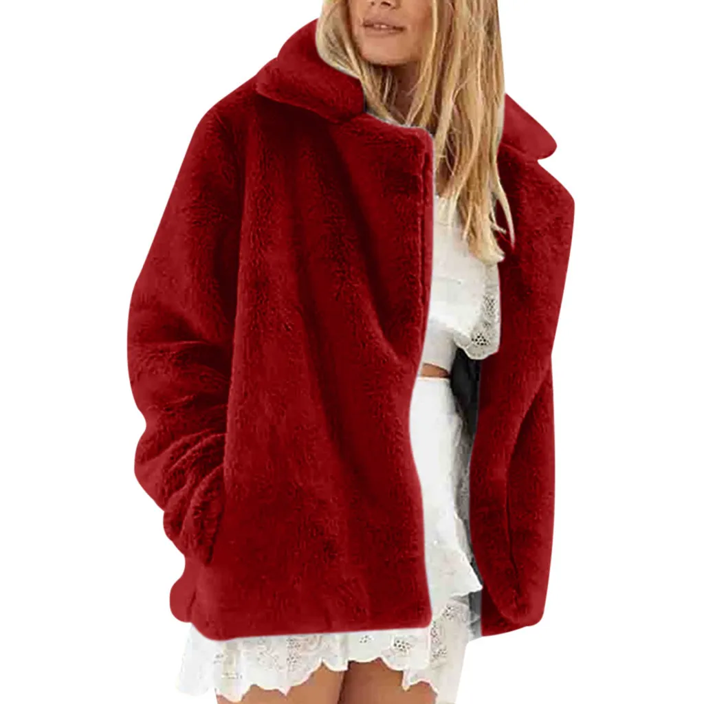 Женское плюшевое пальто, зимнее теплое пальто из искусственного меха, пальто с длинным рукавом и отложным воротником, плюшевое пальто, верхняя одежда с карманами, флисовая куртка, пальто оверсайз - Цвет: Wine