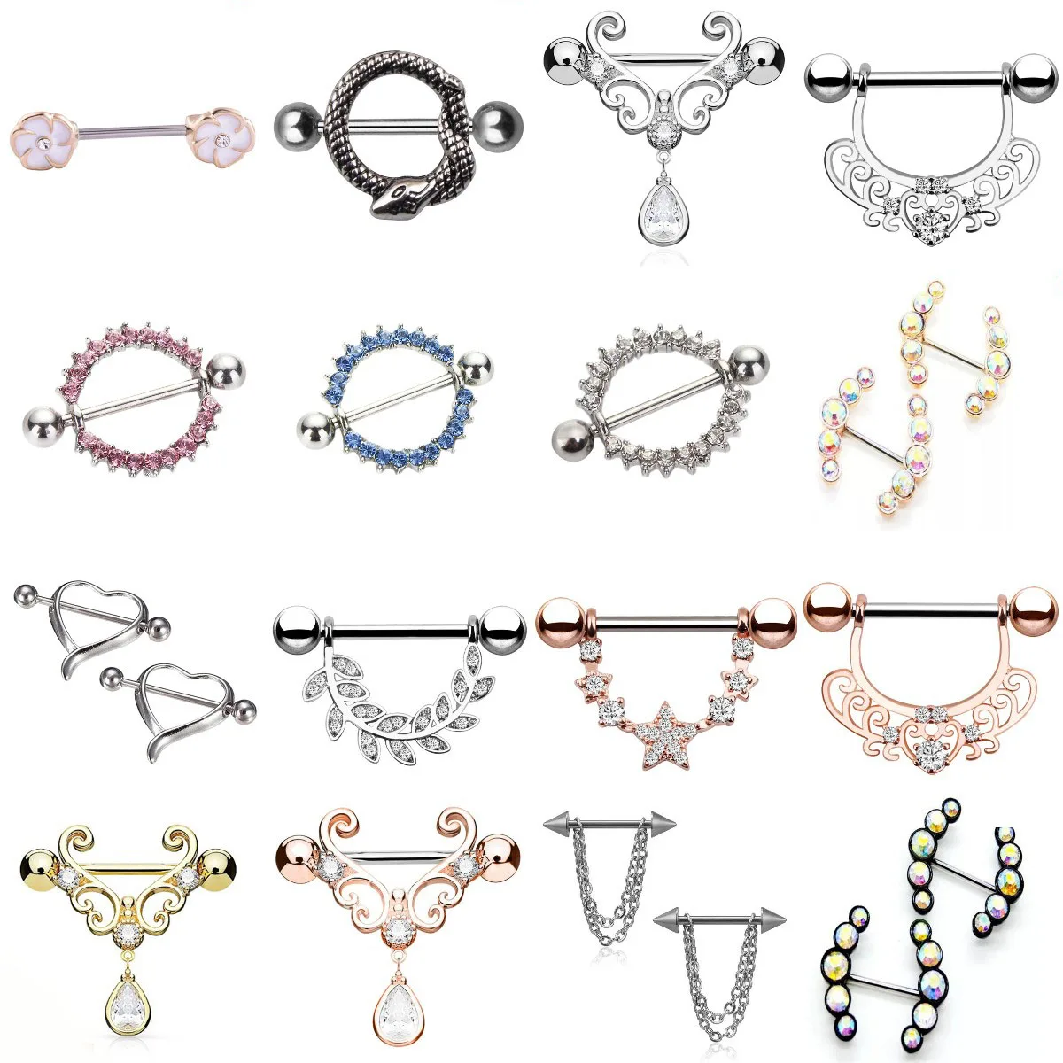 Fansilver 7 Pairs 14G Nipple Rings For Women C. Purple Cute