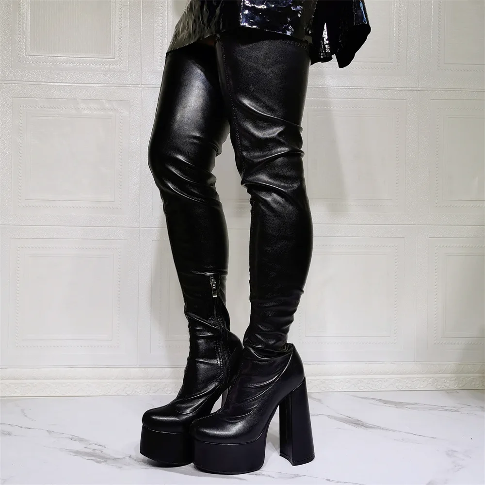 Kolnoo New Handmade Women Chunky Heel Thigh-high Boots Sexy Platform Party Prom Over Knee Boots Evening Xmas Fashion Black Shoes