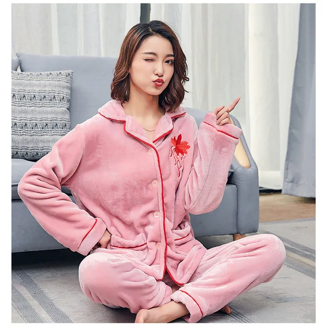 

Winter Flannel Pajamas Sets Womens Fleece Sleepwear Home Clothing Thick Warm Coral Velvet Female Nightgown Suit Pajama Autumn