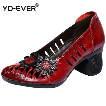 

Summer Autumn 2020 Ethnic Style Genuine Leather Handmade Shoes Women Round Toe Pumps Hollow Flower High Heels