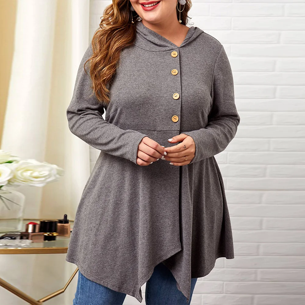 4XL размера плюс, Женская толстовка с неровным подолом, толстовка с капюшоном, весенний Повседневный Однотонный пуловер с капюшоном на пуговицах, bluzy damskie