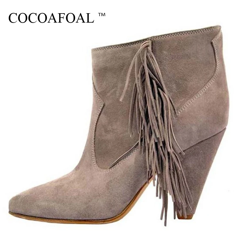 

COCOAFOAL Autumn Winter Women's Chelsea Boots Fringe Woman Ankle Boots Plus Size Black Brown Pattern Fringe High Heels Shoes