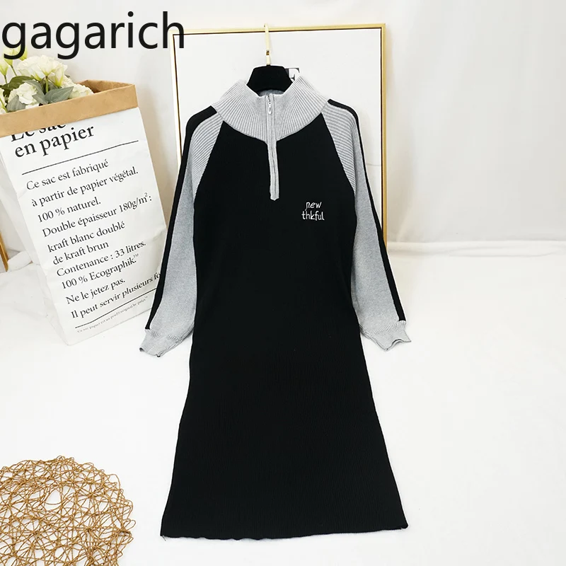 

Gagarich Women Dress 2019 Autumn New Semi-high Collar Color Matching Long Sleeve Midi Knitted Dress Female Zipper Design Dress