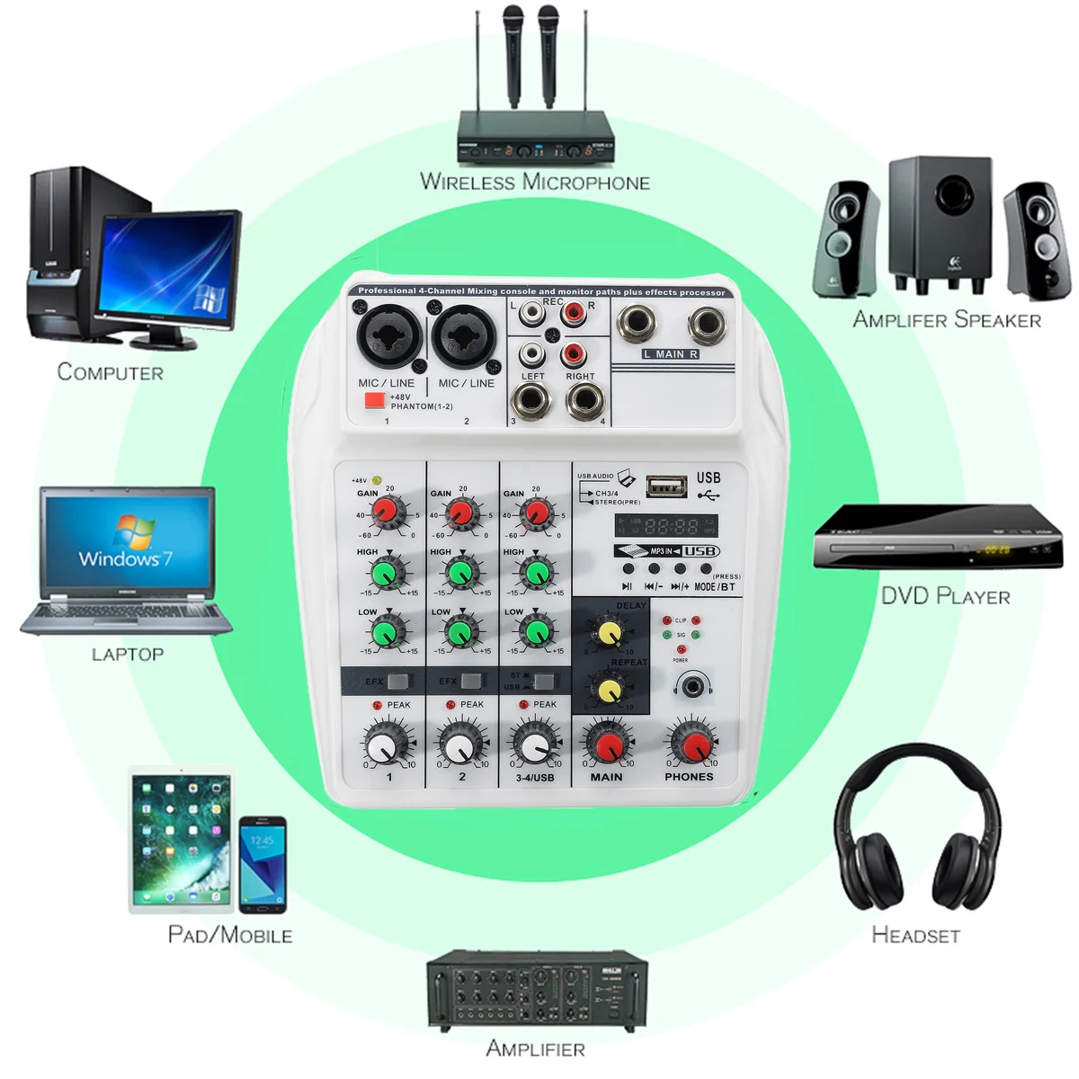 4 Channel bluetooth Sound Mixing Console Record 48V Phantom Power Monitor Professional USB Audio Mixer for Home KTV Studio