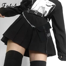 Fitshinling Gothic High Waist Pleated Skirts Women Autumn Winter 2019 Black Saias Pockets Chain Buckle Grunge Slim Skirt Femme