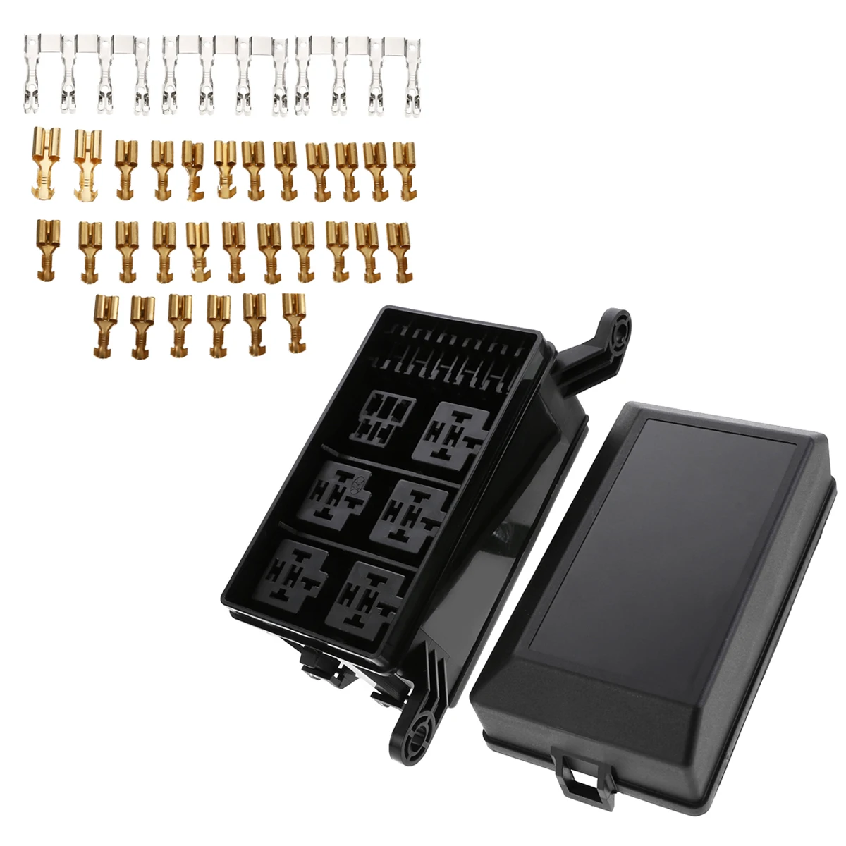 12-Slot Relay Box 6 Relays 6 ATC/ATO Fuses Holder Block + Metallic Pins For Automotive Accessories