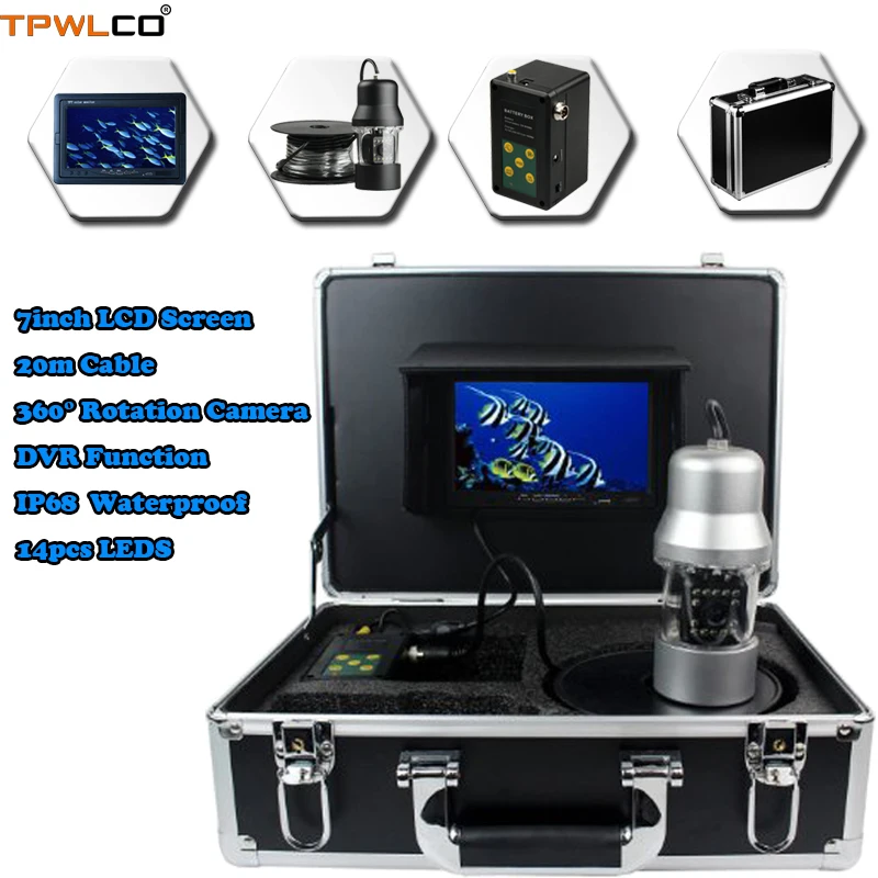 

7inch Monitor 20m Cable Fish Finder 14pcs LEDS 1000TVL Underwater Fishing Camera System With DVR Recording