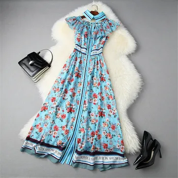 

Summer Vacation Dress Runway Designer Women Elegant Ruffle Patchwork Slash Neck Floral Letters Print Midi Dresses Vestidos