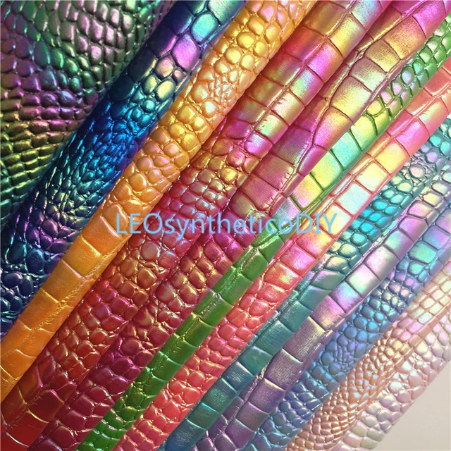 Holographic Iridescence Crocodile PU Fabric Leather Sheets Faux