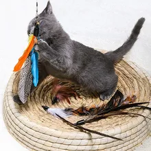 Новая кошачья интерактивная игрушка, выдвижная удочка, 5 сменных перьев, Дразнилка для котенка, палочка, набор игрушек