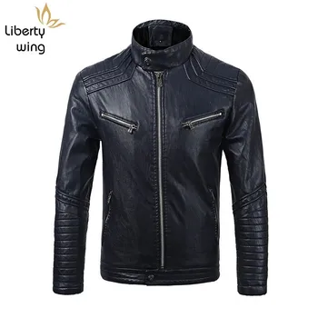 

Moto Biker Mens Fleece Linning Faux Jackets Slim Zipper Stand Collar Fashion Male PU Leather Outerwear Coats Plus Size
