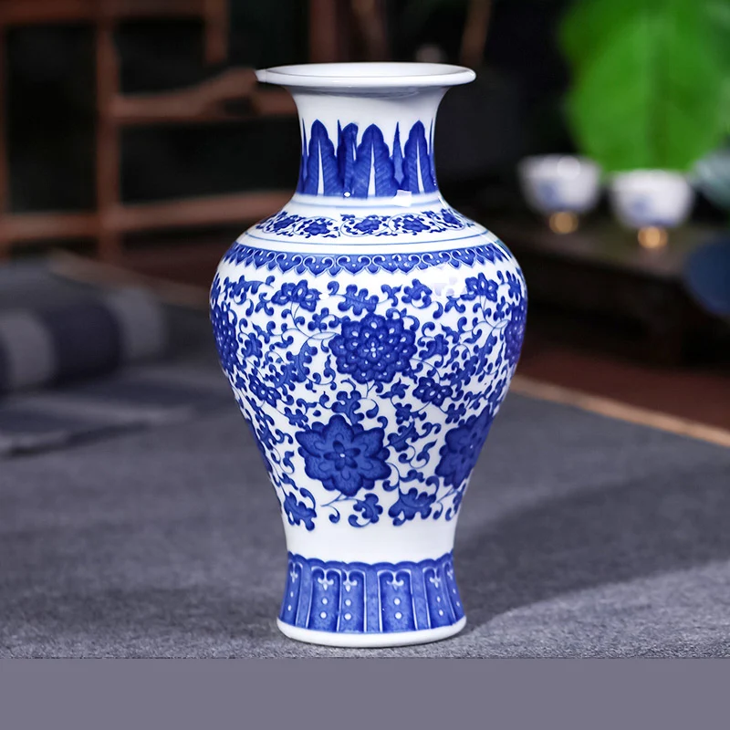 Украшения для дома в китайском стиле ваза сине-белая гостиная центральный фарфоровые подарки азиатские вазы с подставкой цветок Дракон пейзаж печать - Цвет: 4