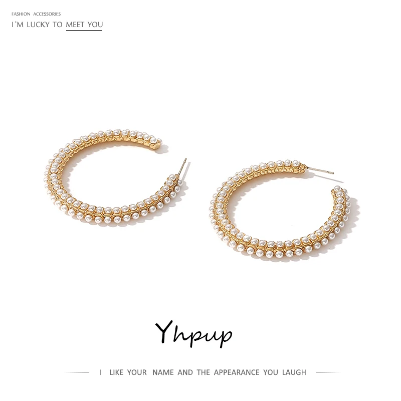 

Yhpup Fashion Brand C Shape Pearls Hoop Earrings Temperament Statement Earrings for Female Party Accessories Zinc Alloy S925 New