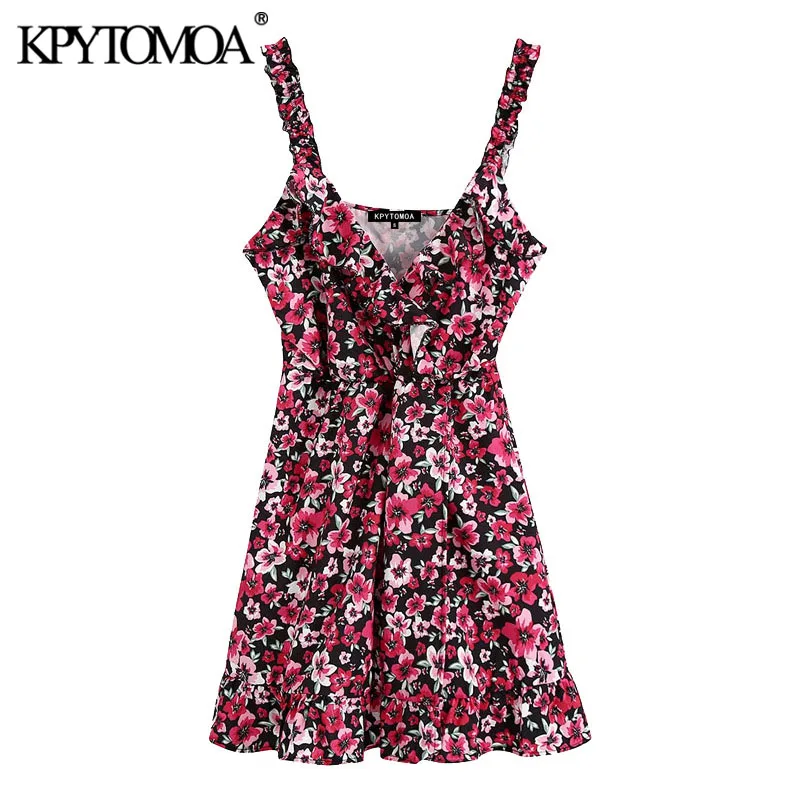 KPYTOMOA Women 2020 Chic Fashion Floral Print Ruffled Mini Dress Vintage V Neck Sleeveless Straps Female Dresses Vestidos Mujer KPYTOMOA Women 2020 Chic Fashion Floral Print Ruffled Mini Dress Vintage V Neck Sleeveless Straps Female Dresses Vestidos Mujer