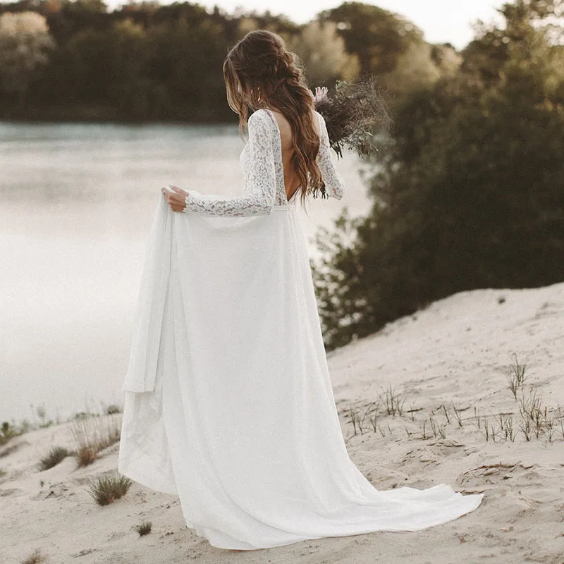 Один элемент длинный рукав кружева шифон спинки Дешевые Свадебное платье в стиле бохо