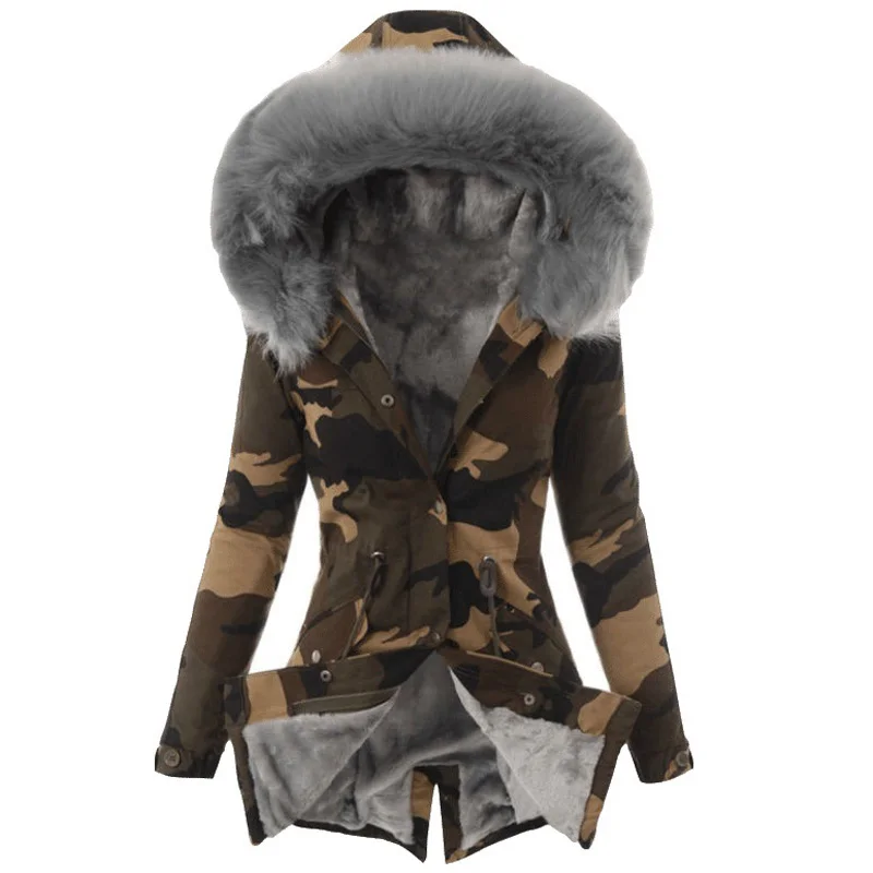 long puffer 2021 New Plush Camouflage Parker Parka Fashion Adjustable Waist Fur Collar Winter Jacket Women Longsleeve Hooded Parka Coat petite long puffer coat Coats & Jackets