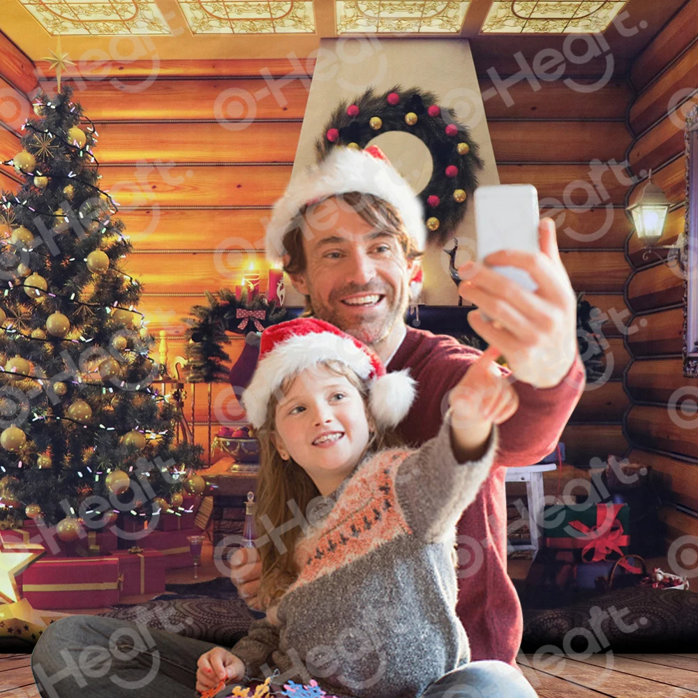 OHEART Christmas Photography Backdrop Farmhouse Wood Cabin Christmas Tree Fireplace Xmas Decorations Photo Studio Props