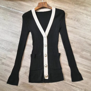 

Long Sleeve Sweater Cardigans Female 2019 Spring Summer Cardigans New Style white and black Slim-Fit Silk Sweater